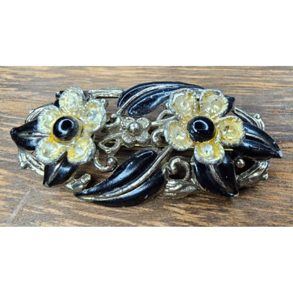 Vintage Sash Pin with Enamel and Paste Rhinestones Art Deco Brooch 2"Wx1"L